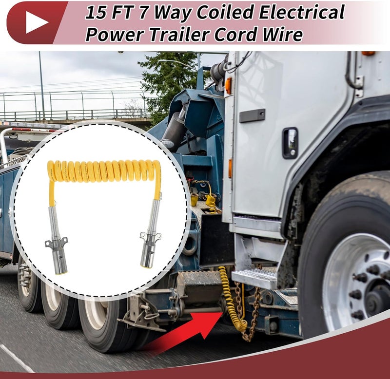 HEROFFIX 7 Way Coiled Electrical Power Trailer Cord Wire Male Plug Trailer Extension Cable for Semi Trucks Tractors 15 Feet Yellow Zinc Alloy - Image 2